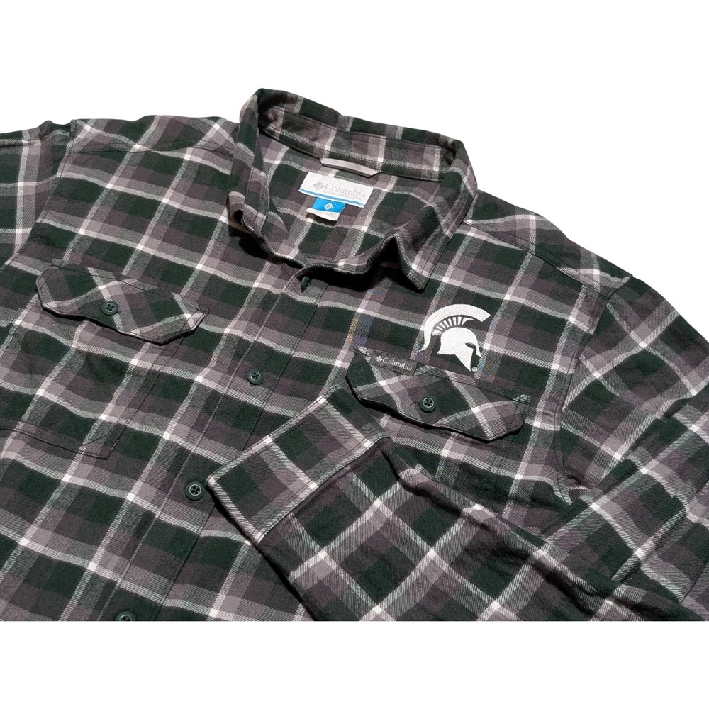 Columbia Shirt Men Large Green Plaid Michigan State Spartans Flannel Button Down